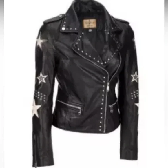 Wilson Black Leather Jacket with Star Accents size x-small - Picture 2 of 11